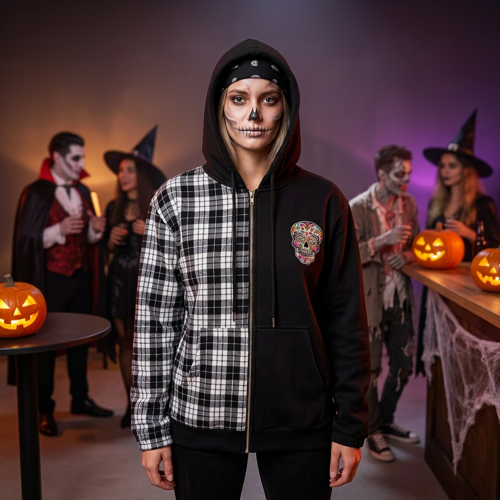 A black zip-up hoodie jacket with a split design: one half is solid black fleece, and the other half features a black, white, and gray plaid pattern. It has a colorful sugar skull graphic on the left chest and a black drawstring hood, shown against a solid gray background.