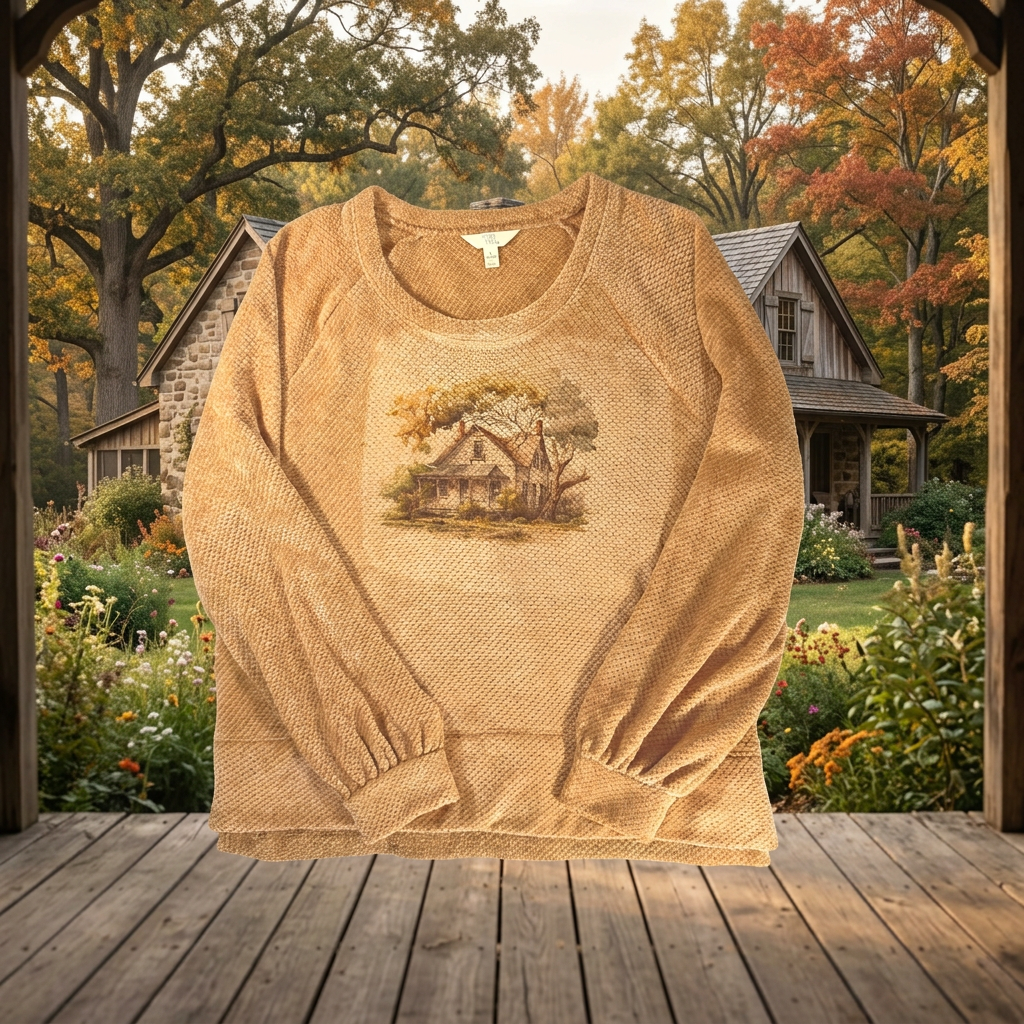 A textured tan crewneck sweatshirt with a vintage-style cabin graphic on the chest, displayed against an autumn garden and cabin background.