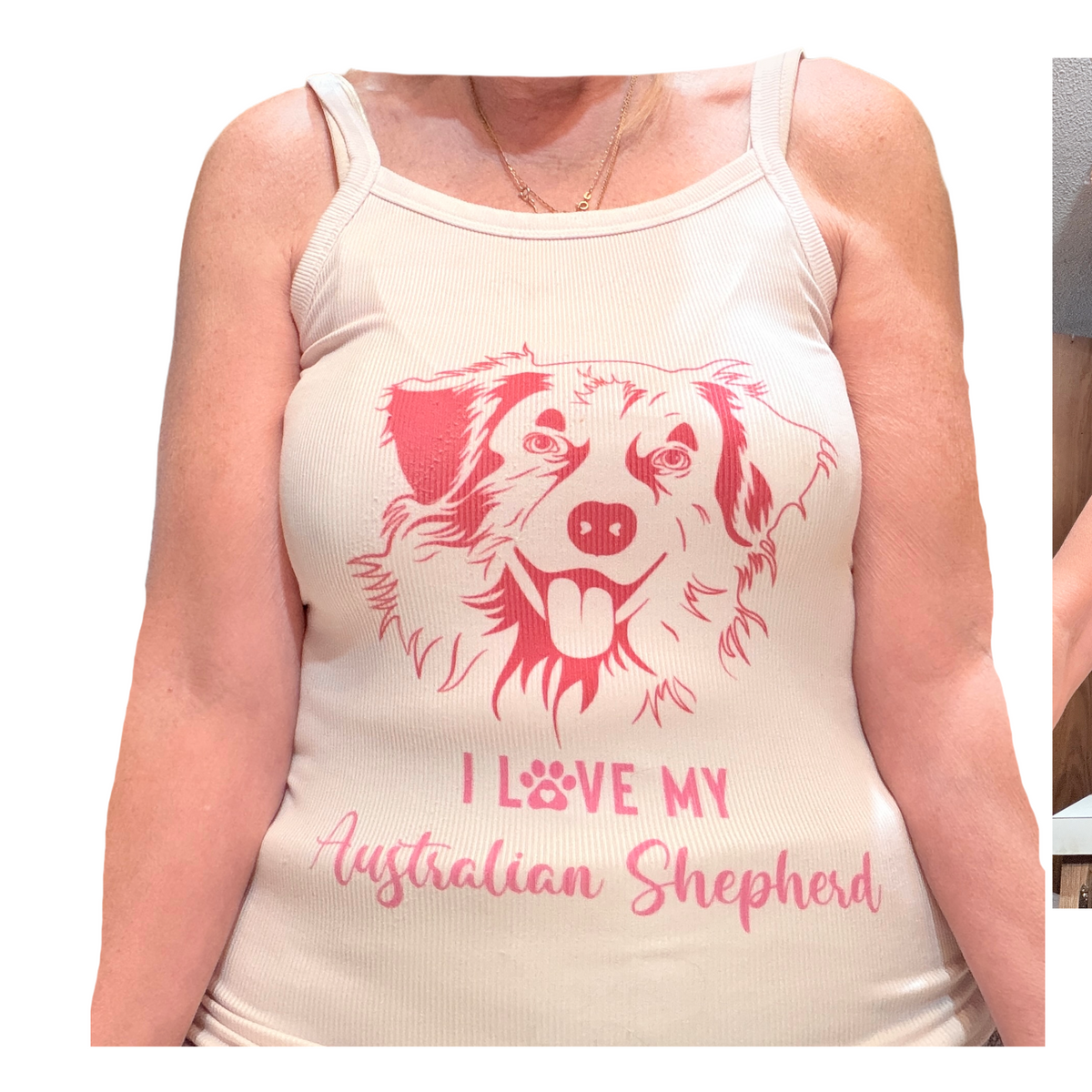 I Love My Australian Shepherd Tank Top - Front, Cream Ribbed (M)