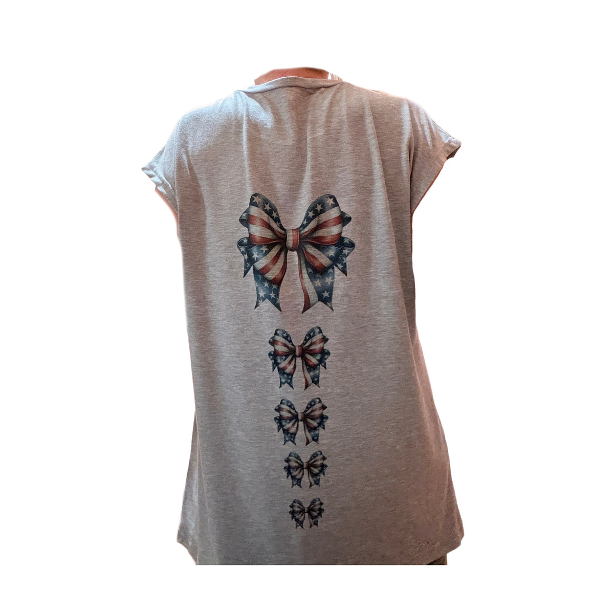 Wrapped In America T-Shirt - Back cascading bows, Heather Gray