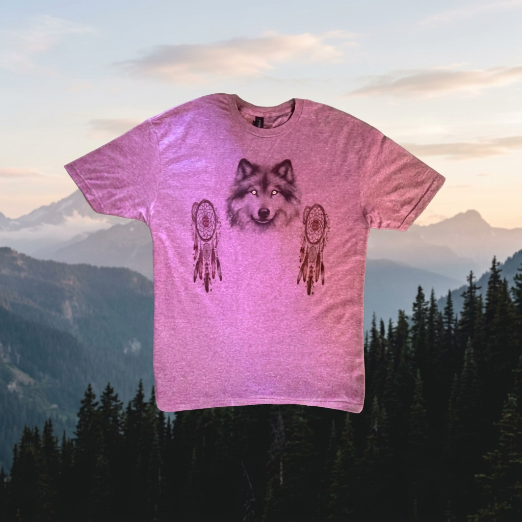 A heather pink short-sleeve t-shirt featuring a graphic print of a wolf's face centered between two dreamcatcher designs, displayed against a neutral gray gradient background.