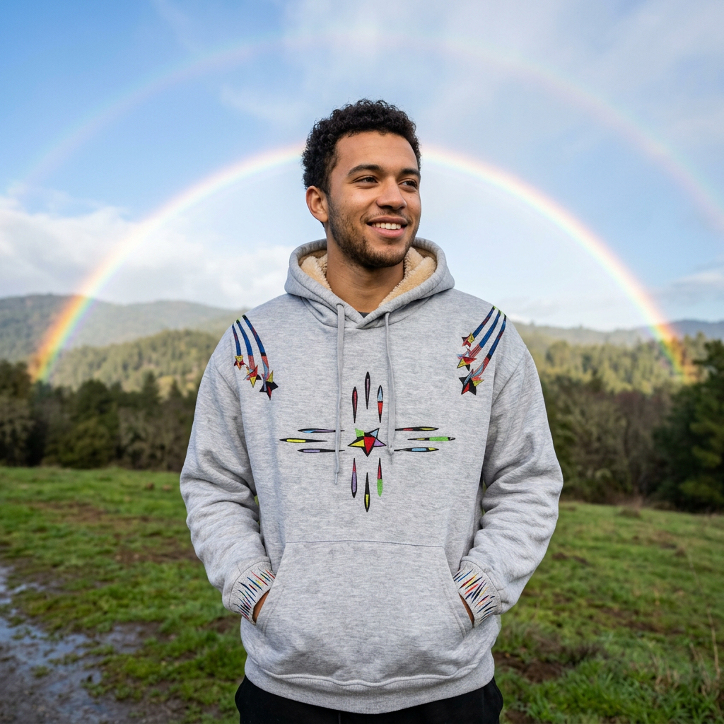 A light gray heather pullover hoodie featuring a colorful Southwestern star and arrow design on the chest, with matching star-and-arrow patterns on both shoulders, shown against a neutral gray background.