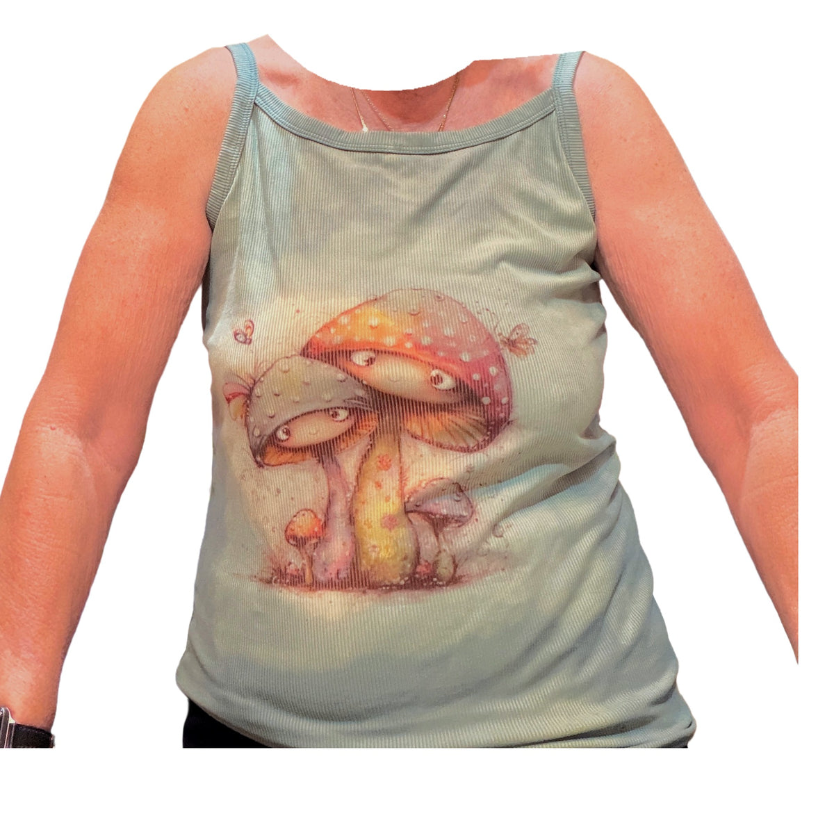 Friendly Mushrooms Tank Top - Front, Sage Ribbed Distressed (L)