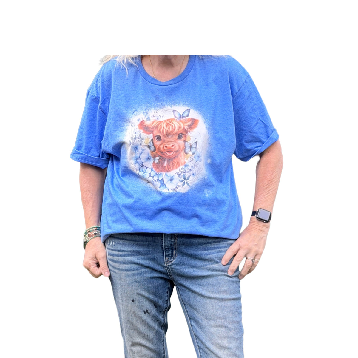 Highland Cow T-Shirt - Front, Blue Bleach (XL)