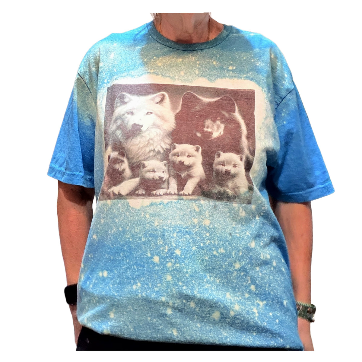 Wolf Family T-Shirt - Front, Blue Bleach (L)