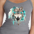 Spirit Wolf Tank Top - Grey Ribbed Watercolor Teal Feather Headdress (XL)