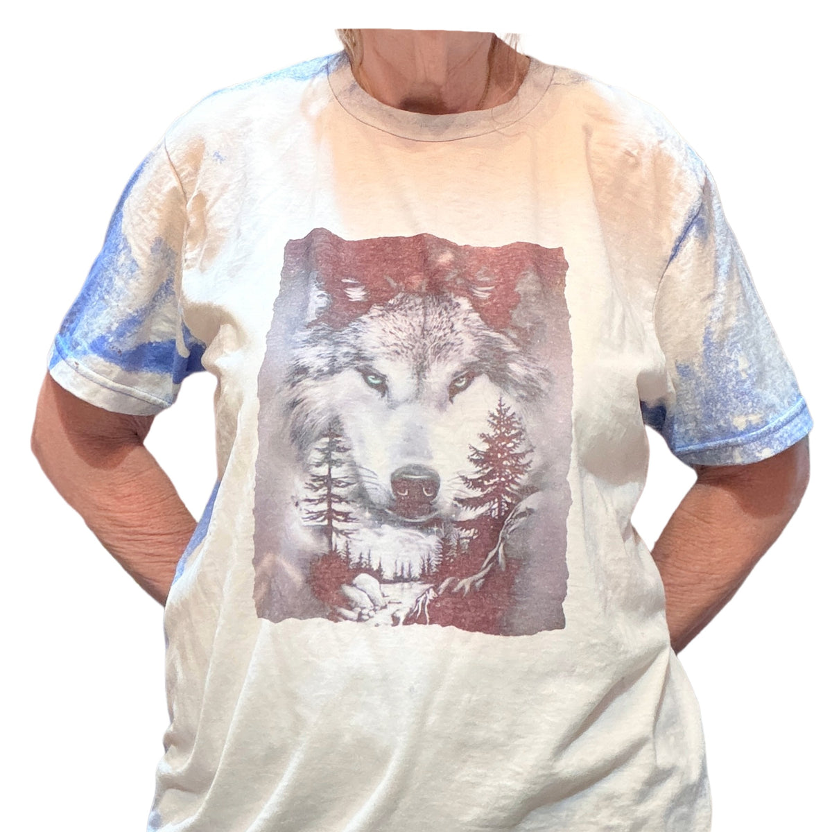 Wolves of the Mountains T-Shirt - Front, White/Blue Bleach (M)